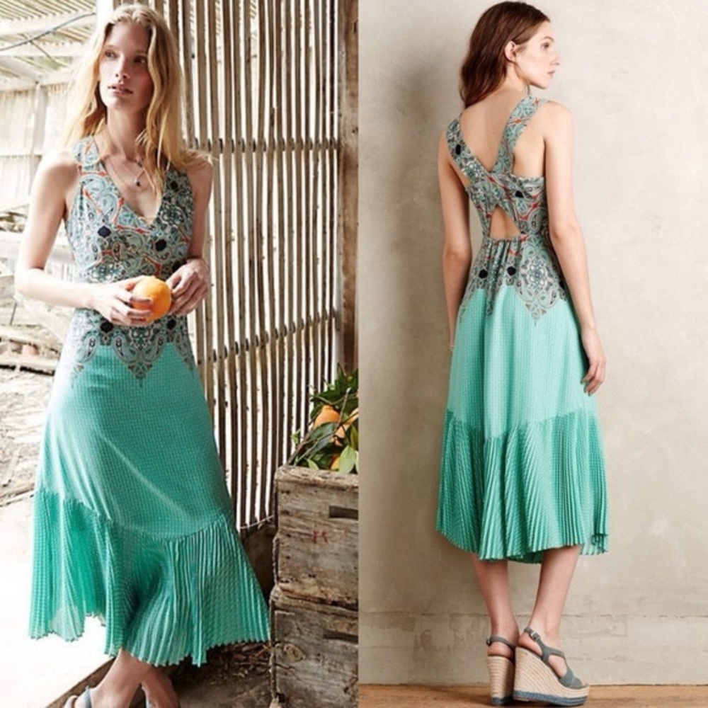 Anthropologie maeve dress canyon creek aqua geometric pleated silky 4p midi